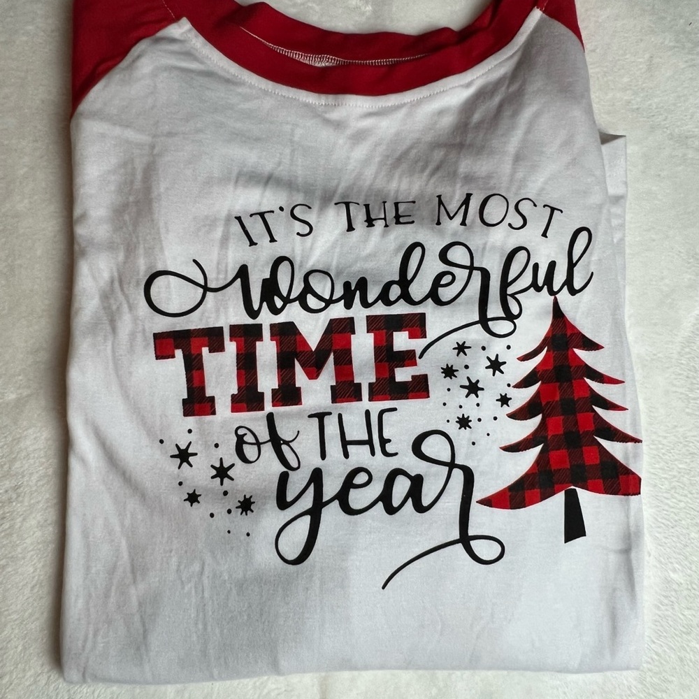 Red and White Holiday Graphic long Sleeved Christmas Tee